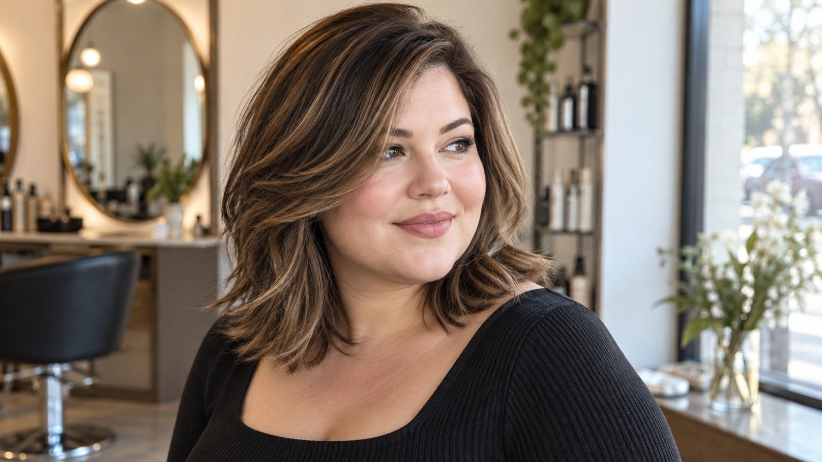 Textured medium haircut with a side part for a round face