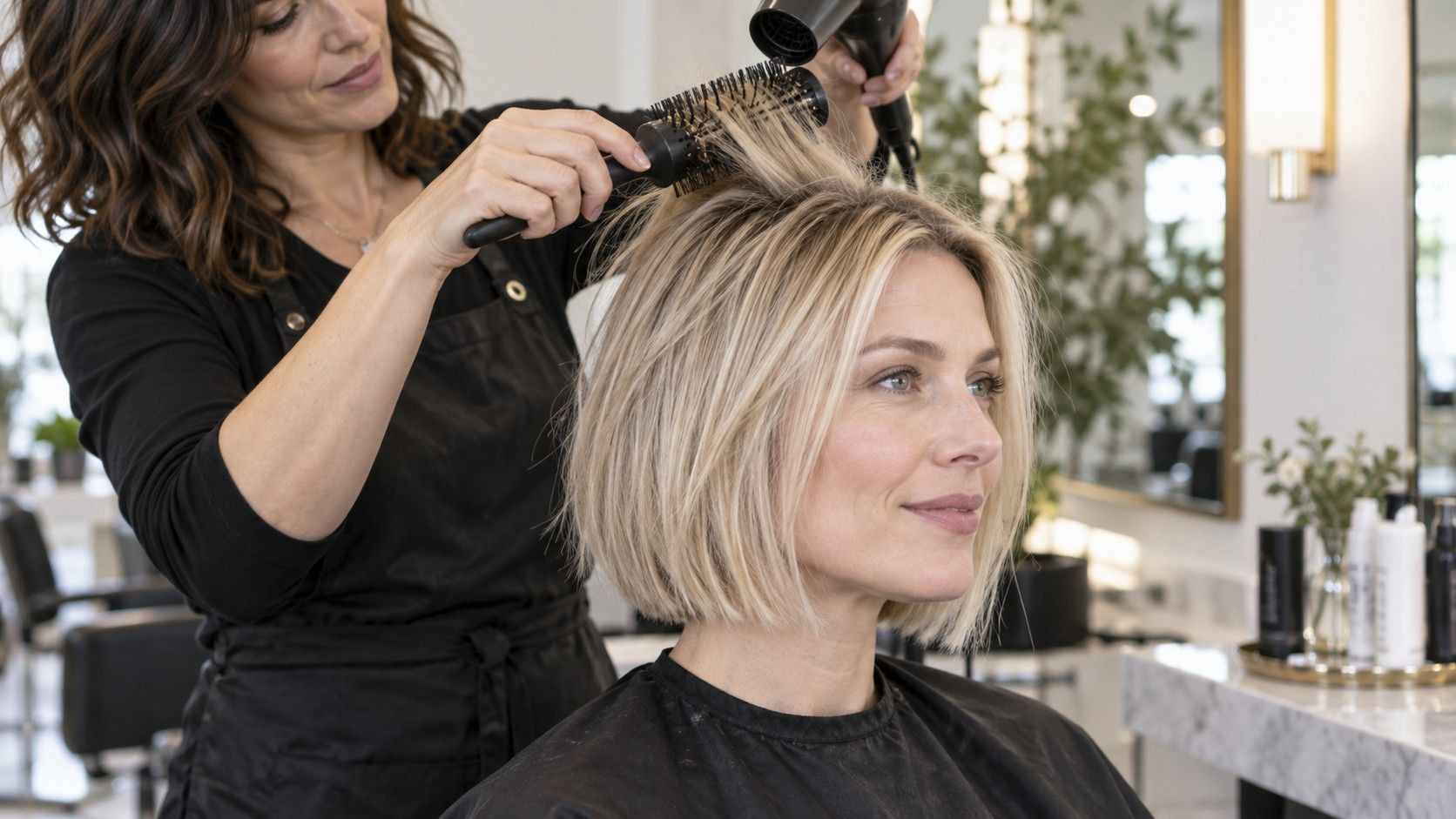 Soft blunt bob styled for thin hair