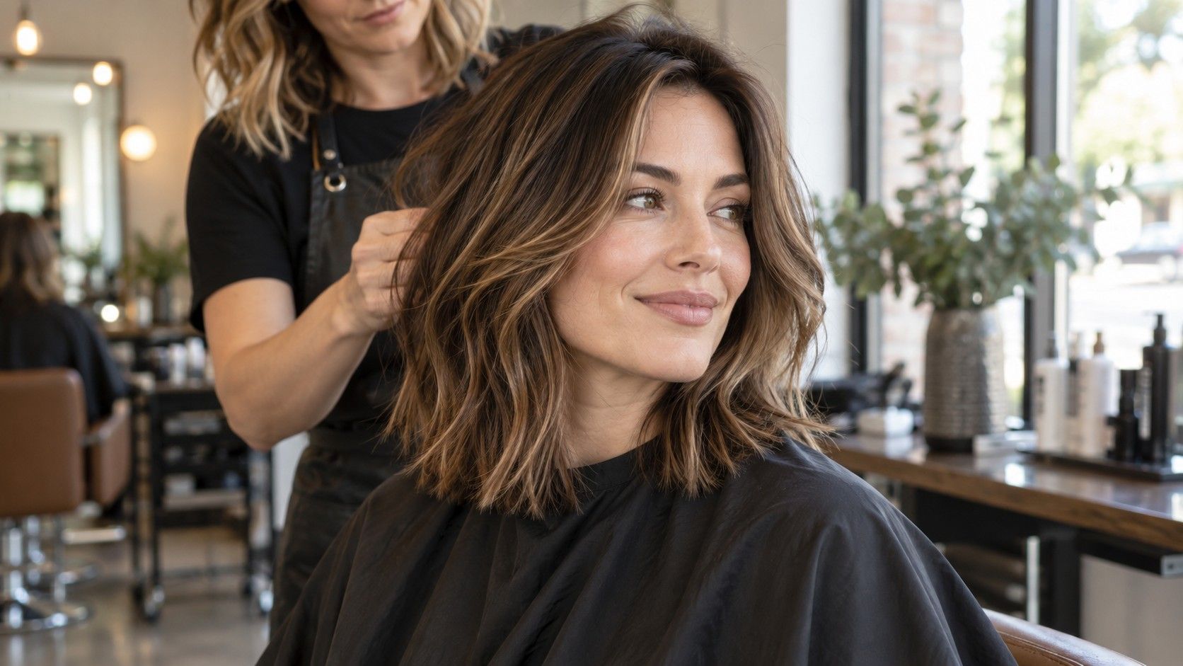 Woman with softly layered shoulder-length hair