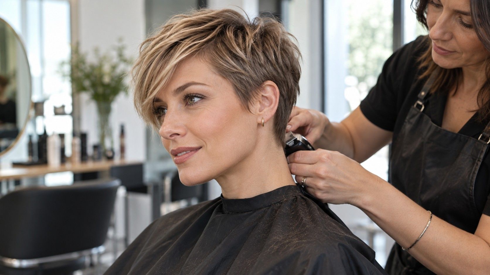 Textured pixie haircut with a soft side fringe